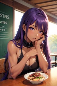anime,muscular,small tits,70s age,shocked face,purple hair,straight hair style,dark skin,soft anime,cafe,close-up view,eating,teacher