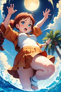 anime,chubby,small tits,70s age,shocked face,ginger,braided hair style,light skin,dark fantasy,moon,front view,jumping,teacher