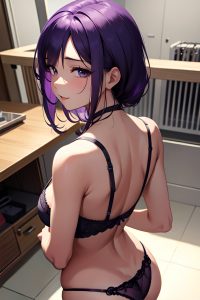 anime,busty,small tits,18 age,happy face,purple hair,slicked hair style,dark skin,vintage,prison,back view,sleeping,lingerie