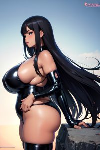 anime,chubby,huge boobs,20s age,pouting lips face,black hair,straight hair style,dark skin,dark fantasy,oasis,side view,on back,latex
