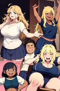 anime,chubby,small tits,80s age,laughing face,blonde,messy hair style,dark skin,comic,stage,front view,working out,schoolgirl