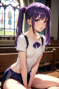anime,skinny,small tits,60s age,sad face,purple hair,pigtails hair style,light skin,vintage,church,side view,working out,schoolgirl