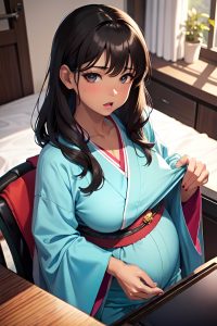 anime,pregnant,small tits,70s age,shocked face,brunette,bangs hair style,dark skin,charcoal,party,close-up view,gaming,kimono