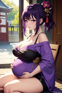 anime,pregnant,huge boobs,30s age,sad face,purple hair,pixie hair style,dark skin,crisp anime,bar,side view,eating,geisha