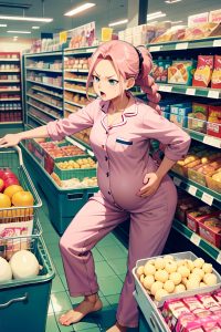 anime,pregnant,small tits,40s age,angry face,pink hair,braided hair style,light skin,film photo,grocery,front view,bending over,pajamas
