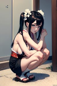anime,skinny,huge boobs,40s age,sad face,ginger,pigtails hair style,light skin,black and white,oasis,close-up view,squatting,geisha