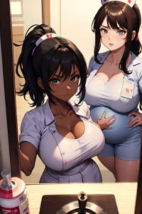 anime,pregnant,huge boobs,80s age,angry face,brunette,ponytail hair style,dark skin,mirror selfie,church,close-up view,eating,nurse