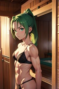 anime,muscular,small tits,40s age,serious face,green hair,ponytail hair style,dark skin,mirror selfie,sauna,side view,plank,lingerie