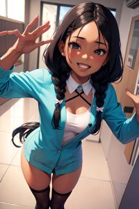 anime,busty,small tits,40s age,laughing face,black hair,braided hair style,dark skin,soft anime,hospital,close-up view,t-pose,stockings