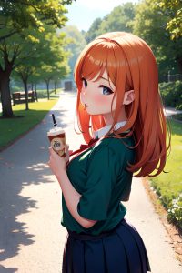 anime,chubby,small tits,40s age,pouting lips face,ginger,straight hair style,light skin,soft anime,forest,back view,eating,schoolgirl