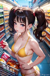 anime,busty,small tits,30s age,pouting lips face,brunette,pigtails hair style,light skin,painting,grocery,front view,jumping,bikini