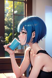 anime,skinny,small tits,40s age,happy face,blue hair,bobcut hair style,light skin,soft + warm,party,side view,eating,goth