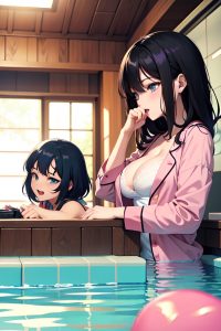 anime,busty,small tits,60s age,ahegao face,black hair,messy hair style,light skin,warm anime,pool,side view,gaming,pajamas