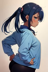 anime,chubby,small tits,50s age,angry face,blue hair,pigtails hair style,dark skin,watercolor,stage,back view,gaming,teacher