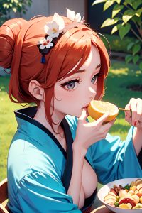 anime,skinny,small tits,60s age,seductive face,ginger,hair bun hair style,light skin,vintage,oasis,close-up view,eating,geisha