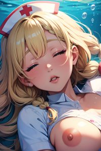 anime,chubby,small tits,40s age,ahegao face,blonde,braided hair style,dark skin,vintage,underwater,close-up view,sleeping,nurse