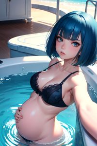 anime,pregnant,small tits,18 age,serious face,blue hair,bobcut hair style,light skin,3d,yacht,close-up view,bathing,lingerie