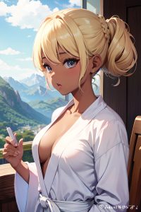 anime,busty,small tits,50s age,shocked face,blonde,hair bun hair style,dark skin,illustration,mountains,close-up view,working out,bathrobe