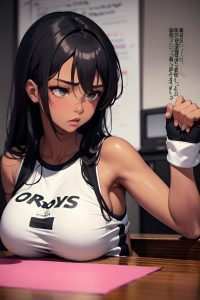 anime,skinny,huge boobs,60s age,sad face,black hair,messy hair style,dark skin,black and white,club,close-up view,working out,teacher