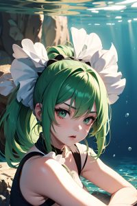 anime,busty,small tits,30s age,serious face,green hair,ponytail hair style,dark skin,dark fantasy,underwater,close-up view,working out,maid