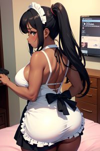 anime,chubby,huge boobs,60s age,shocked face,black hair,ponytail hair style,dark skin,vintage,yacht,back view,gaming,maid