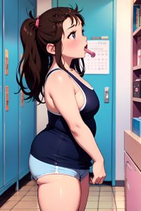 anime,chubby,small tits,80s age,shocked face,brunette,pixie hair style,light skin,warm anime,locker room,side view,eating,fishnet