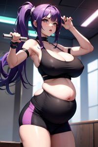 anime,pregnant,huge boobs,20s age,shocked face,purple hair,bangs hair style,light skin,cyberpunk,gym,back view,straddling,schoolgirl