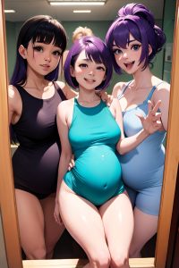 anime,pregnant,small tits,80s age,laughing face,purple hair,pixie hair style,dark skin,mirror selfie,underwater,front view,straddling,fishnet