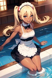 anime,skinny,small tits,30s age,happy face,blonde,pigtails hair style,dark skin,skin detail (beta),hot tub,front view,jumping,maid