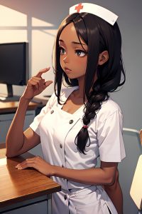 anime,skinny,small tits,20s age,sad face,brunette,braided hair style,dark skin,illustration,office,side view,plank,nurse