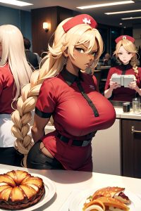 anime,busty,huge boobs,50s age,angry face,blonde,braided hair style,dark skin,mirror selfie,cafe,side view,working out,nurse