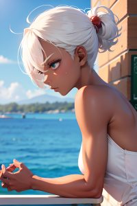 anime,muscular,small tits,80s age,sad face,white hair,pixie hair style,dark skin,skin detail (beta),grocery,side view,massage,nude