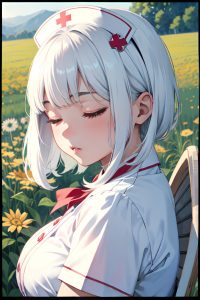 anime,chubby,small tits,50s age,seductive face,white hair,bangs hair style,light skin,watercolor,meadow,close-up view,sleeping,nurse