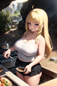 anime,chubby,small tits,70s age,pouting lips face,blonde,bangs hair style,light skin,charcoal,cave,front view,cooking,mini skirt