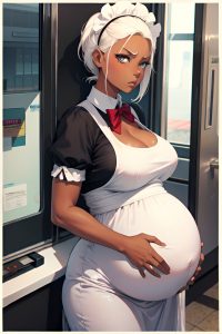 anime,pregnant,small tits,50s age,serious face,white hair,slicked hair style,dark skin,illustration,train,front view,gaming,maid