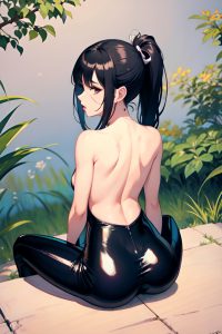 anime,skinny,small tits,60s age,ahegao face,black hair,ponytail hair style,light skin,watercolor,meadow,back view,straddling,latex