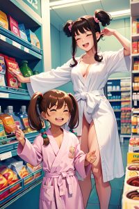 anime,muscular,small tits,70s age,laughing face,brunette,pigtails hair style,light skin,illustration,grocery,front view,t-pose,bathrobe