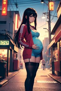 anime,pregnant,small tits,70s age,serious face,black hair,straight hair style,light skin,cyberpunk,bar,back view,gaming,stockings