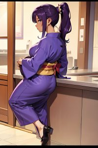 anime,pregnant,small tits,50s age,sad face,purple hair,ponytail hair style,dark skin,comic,bar,back view,jumping,kimono