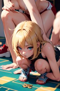 anime,skinny,small tits,60s age,seductive face,blonde,messy hair style,light skin,soft + warm,casino,close-up view,squatting,schoolgirl