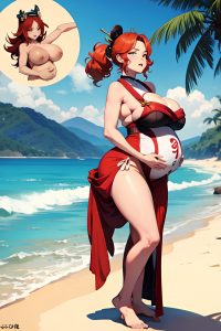 anime,pregnant,huge boobs,40s age,angry face,ginger,pixie hair style,dark skin,film photo,beach,front view,bending over,geisha
