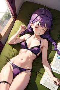anime,skinny,small tits,40s age,sad face,purple hair,braided hair style,light skin,comic,gym,front view,sleeping,lingerie
