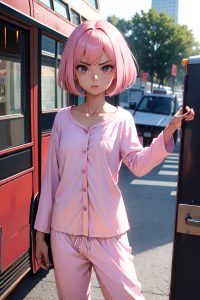anime,skinny,small tits,80s age,angry face,pink hair,bobcut hair style,dark skin,vintage,bus,front view,gaming,pajamas