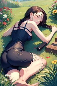 anime,skinny,small tits,20s age,happy face,brunette,braided hair style,light skin,illustration,meadow,back view,sleeping,fishnet