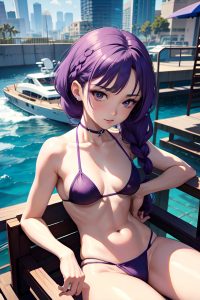 anime,skinny,small tits,60s age,seductive face,purple hair,braided hair style,light skin,cyberpunk,yacht,side view,straddling,bikini