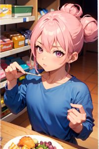 anime,muscular,small tits,80s age,seductive face,pink hair,hair bun hair style,dark skin,vintage,grocery,close-up view,eating,pajamas