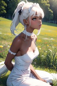 anime,skinny,small tits,80s age,pouting lips face,white hair,bangs hair style,dark skin,soft + warm,meadow,side view,spreading legs,maid