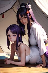 anime,pregnant,small tits,40s age,serious face,purple hair,straight hair style,dark skin,black and white,tent,side view,plank,geisha