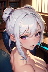anime,muscular,small tits,18 age,seductive face,white hair,hair bun hair style,light skin,illustration,stage,front view,gaming,nude