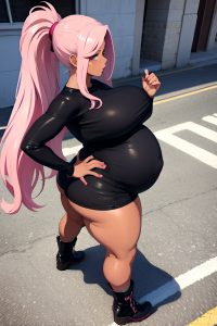 anime,pregnant,huge boobs,70s age,seductive face,pink hair,ponytail hair style,dark skin,3d,street,back view,eating,goth